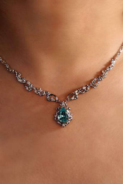 Palladium White Gold Plated Blue Gem Droplet Lace Necklace