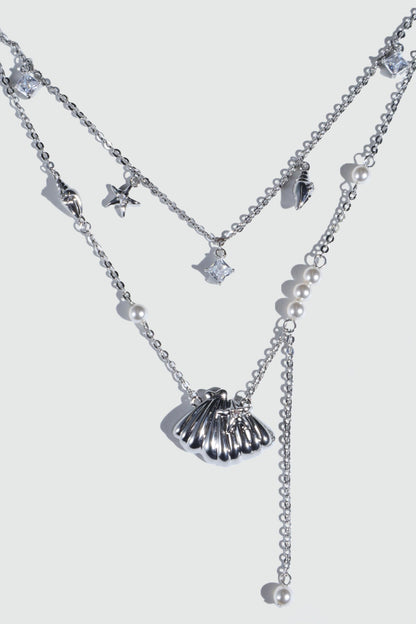 Palladium White Gold Plated Shell Starfish Pearls Layer Necklace