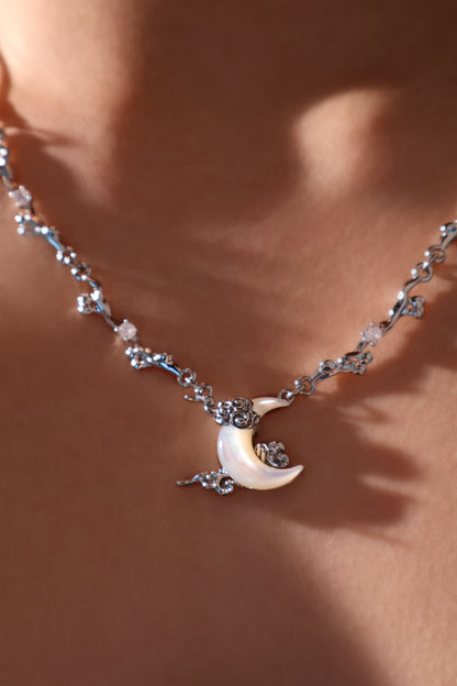 Palladium White Gold Plated Diamonds Natural Shell Moon Necklace