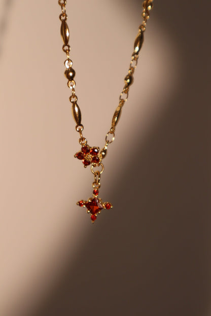18K Real Gold Plated Garnet Starlight Cross Necklace
