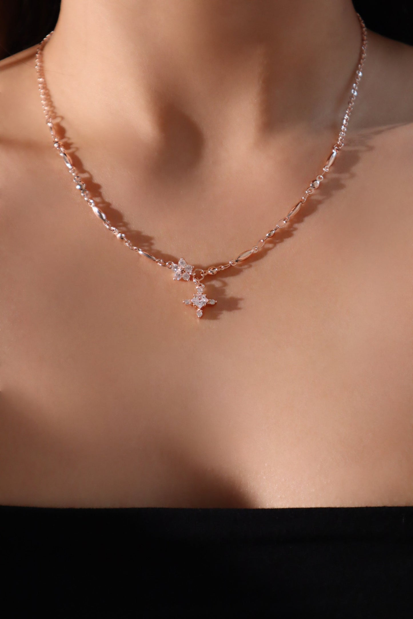 18K Rose Gold Plated Diamond Starlight Cross Necklace