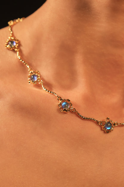 18K Real Gold Plated Multi Deep Blue Moonstones Necklace