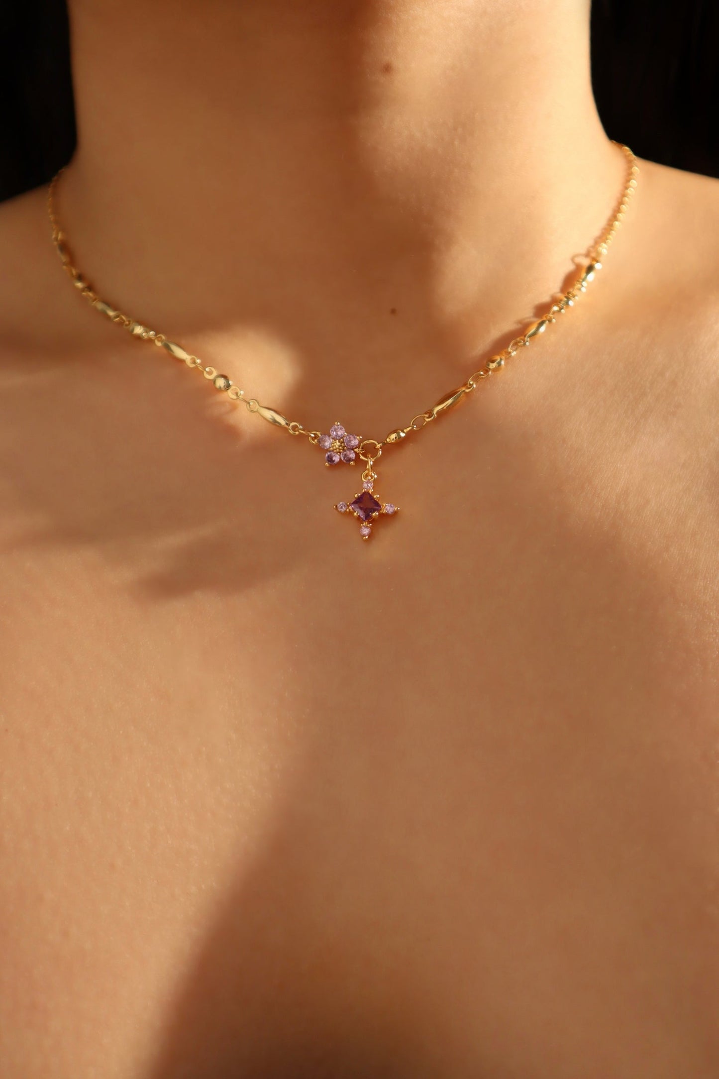 18K Real Gold Plated Amethyst Starlight Cross Necklace