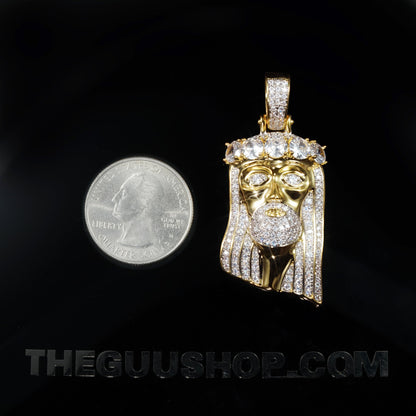 23mm  Iced Iced CZ Gold-Plated  Retro Jesus Crown Pendant &  Cuban Link Chain