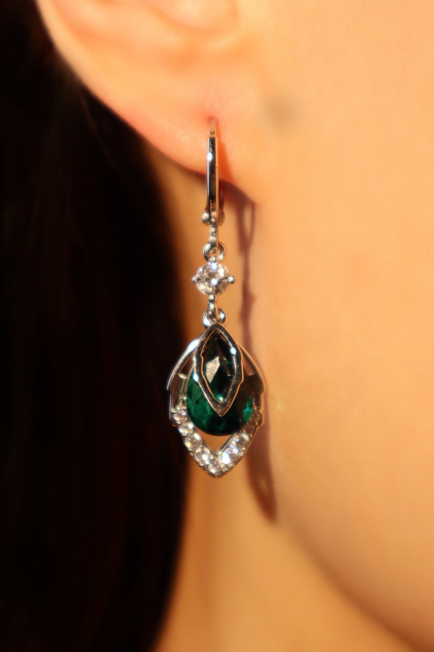 Palladium White Gold Plated Green Gem Droplet Earrings