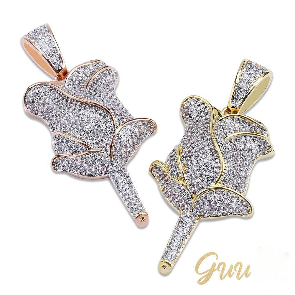 30mm  Iced Gold-Plated CZ  Rose Pendant & Cuban Link Chain