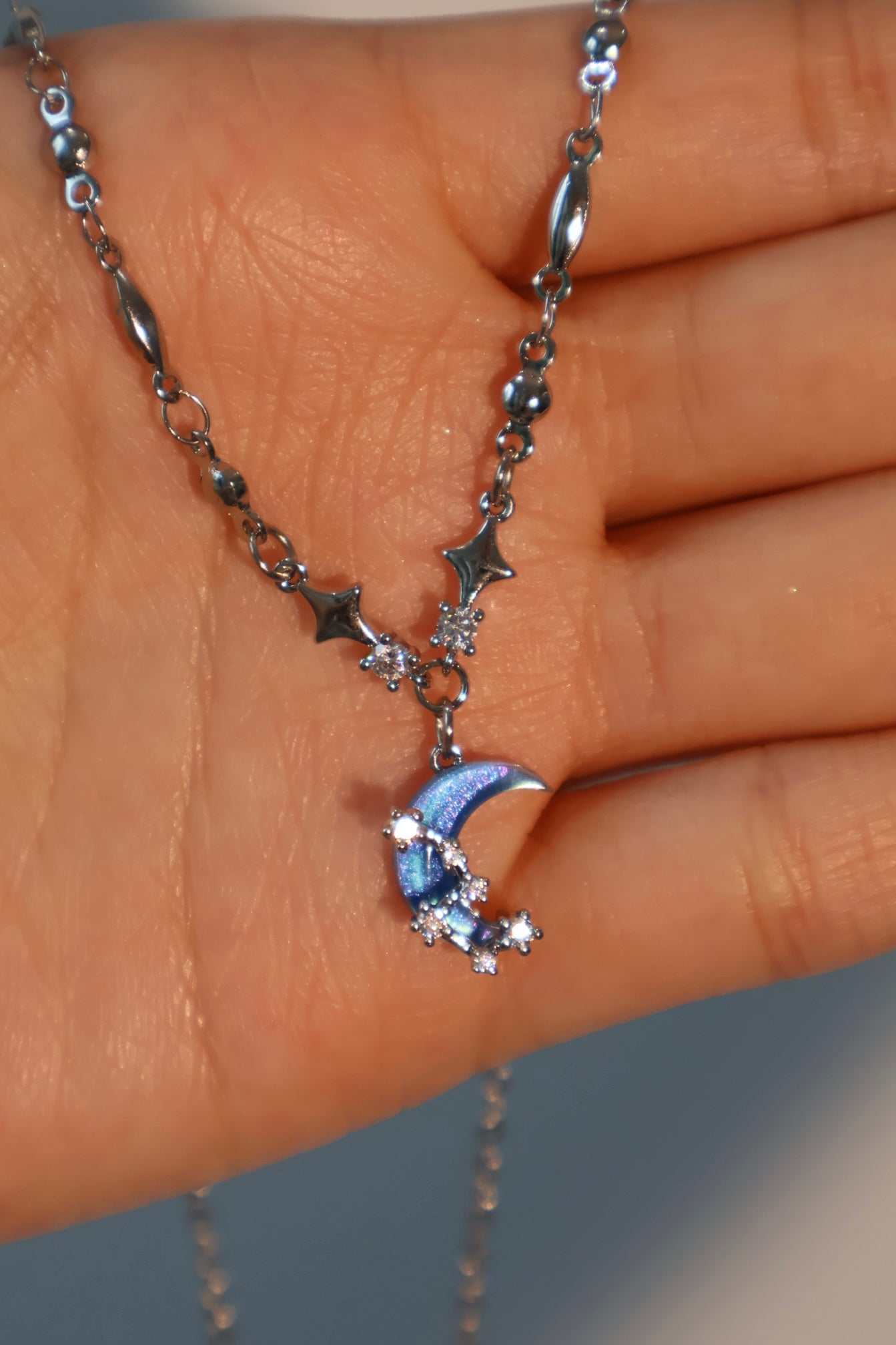 Palladium White Gold Plated Moonstone Moon Star Necklace