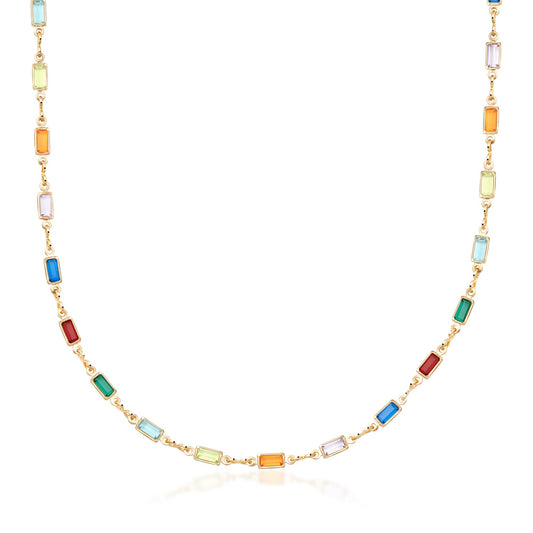 18K Gold Plated Dark Multicolor Crystal Baguette Necklace