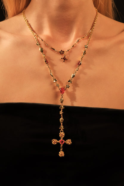 18K Real Gold Plated Red Gem Cross Lariat Necklace