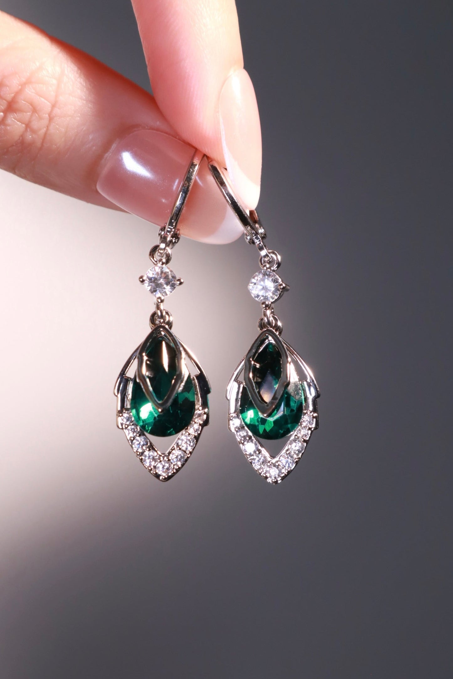 Palladium White Gold Plated Green Gem Droplet Earrings