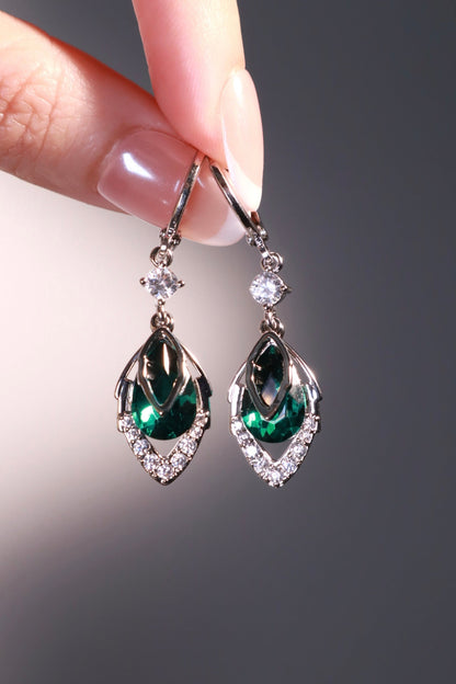 Palladium White Gold Plated Green Gem Droplet Earrings