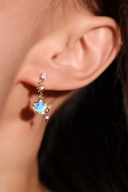 14K Real Gold Plated Blue Gem Moon Star Earrings
