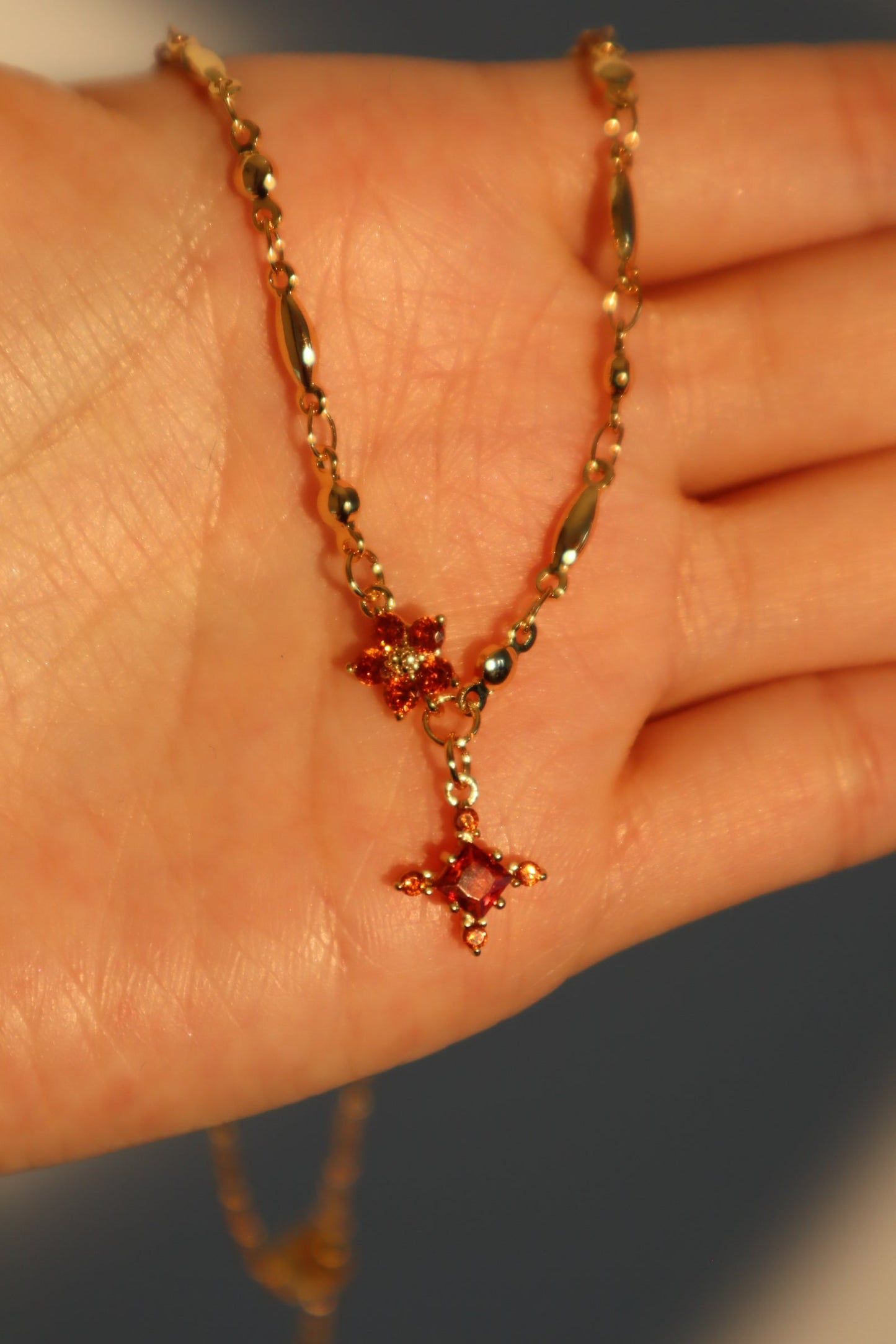18K Real Gold Plated Garnet Starlight Cross Necklace