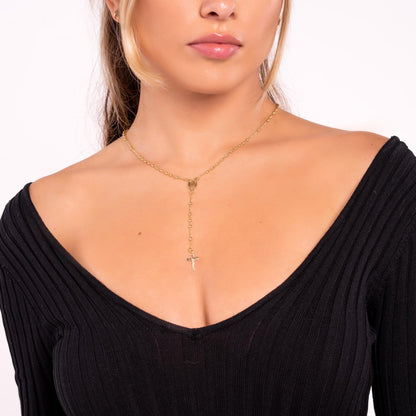 18K Gold Plated Virgin Mary Rosary Bead Cross Necklace