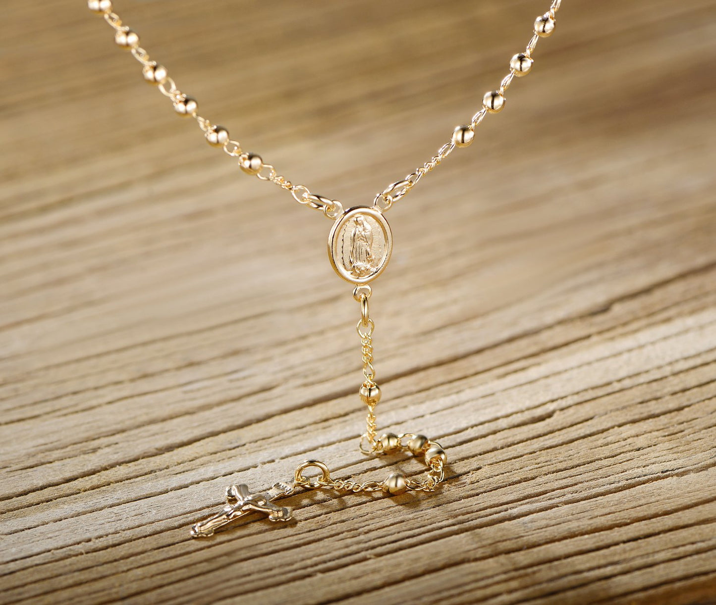 18K Gold Plated Virgin Mary Rosary Bead Cross Necklace