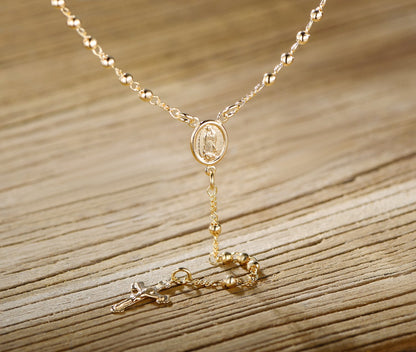 18K Gold Plated Virgin Mary Rosary Bead Cross Necklace