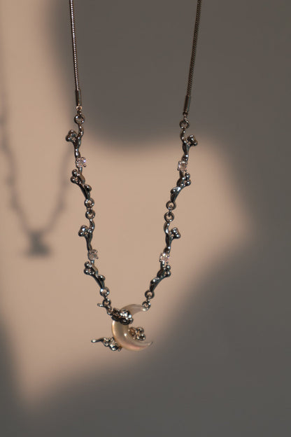 Palladium White Gold Plated Diamonds Natural Shell Moon Necklace