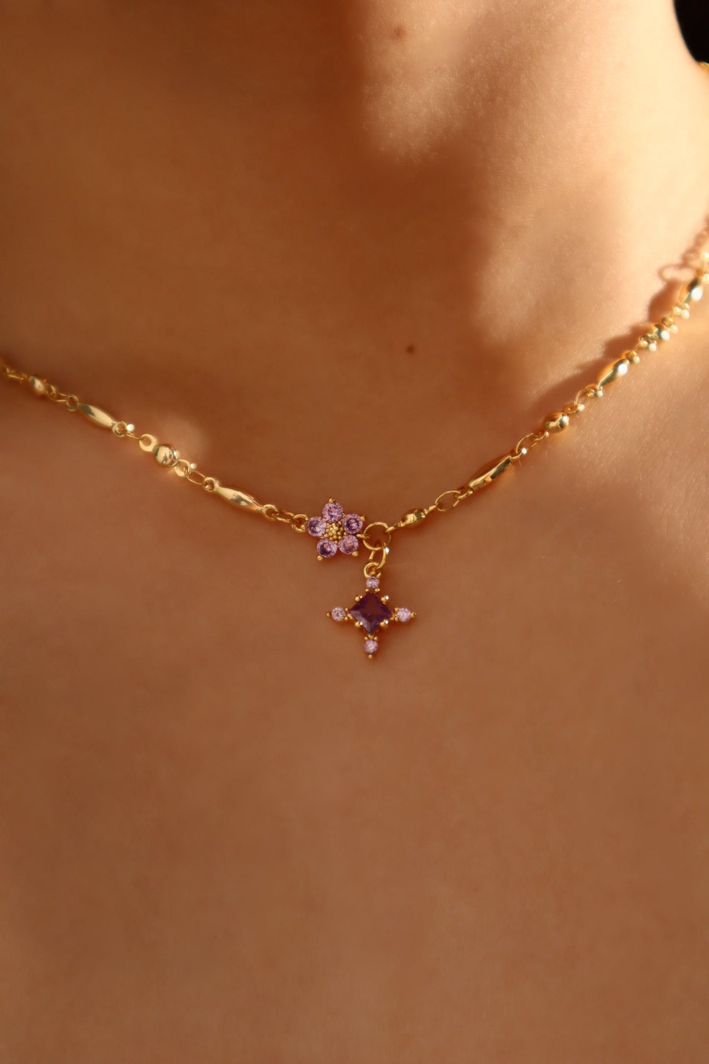 18K Real Gold Plated Amethyst Starlight Cross Necklace