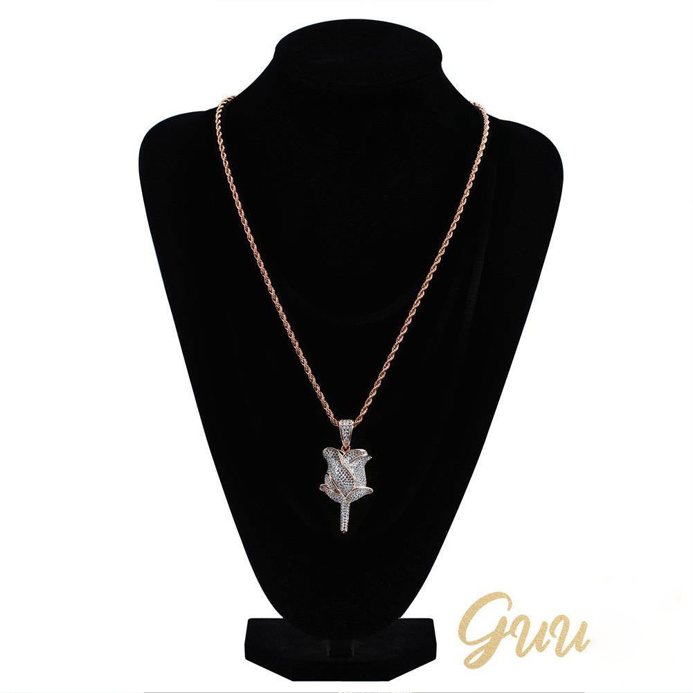 30mm  Iced Gold-Plated CZ  Rose Pendant & Cuban Link Chain