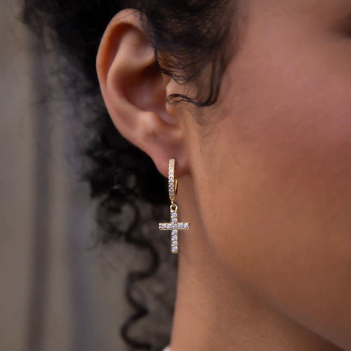 Diamond Cross Micro Huggie Hoop Earrings in Yellow Gold