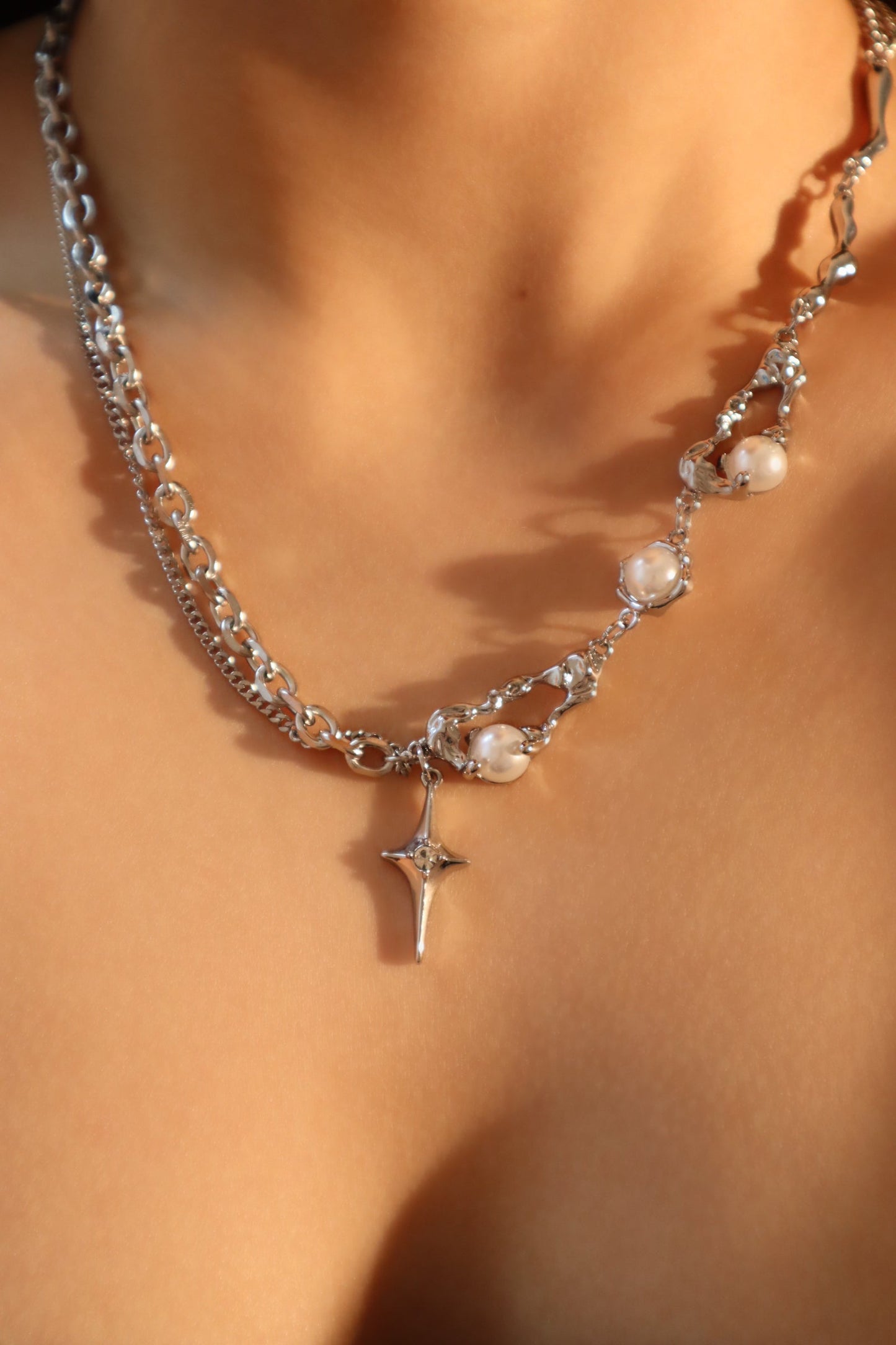 Palladium White Gold Plated Pearl Star Necklace