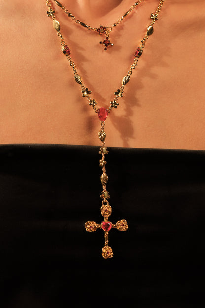 18K Real Gold Plated Red Gem Cross Lariat Necklace
