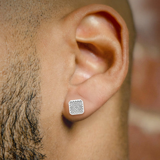 Mens Jewelry - Silver Micro Pave Iced Out VVS Earrings for Men | Appx. 3.5 Grams