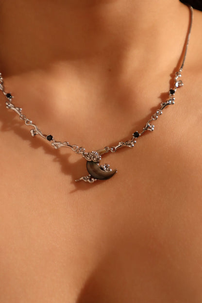 Palladium White Gold Plated Black Shell Moon Necklace