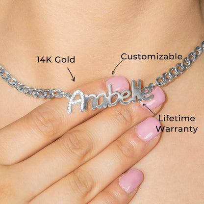 Women Jewelry - White Gold Iced Out VVS Name Necklace | Style # N44