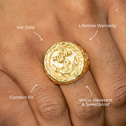 Mens Jewelry - Round Anchor Gold Pinky Ring | 20 Grams