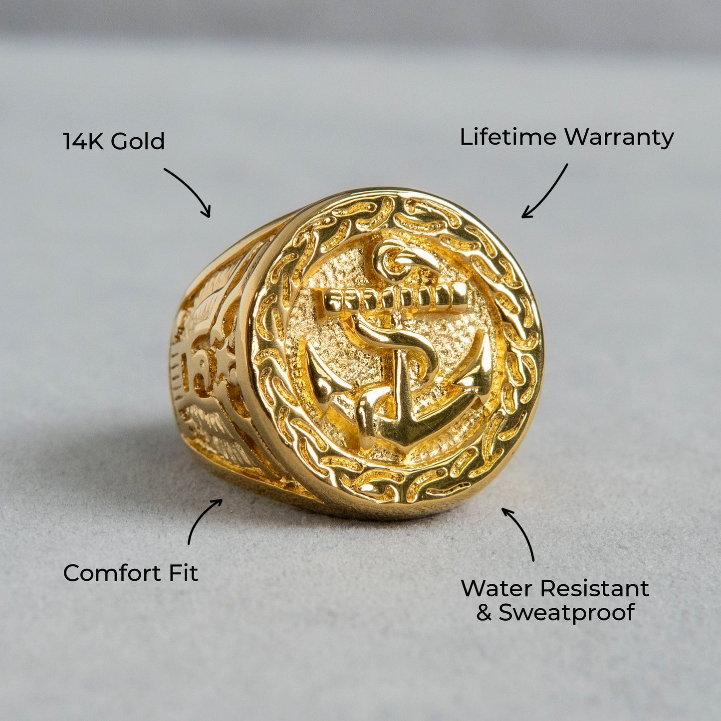 Mens Jewelry - Round Anchor Gold Pinky Ring | 20 Grams