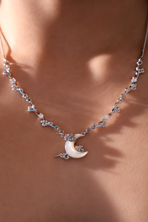 Palladium White Gold Plated Diamonds Natural Shell Moon Necklace