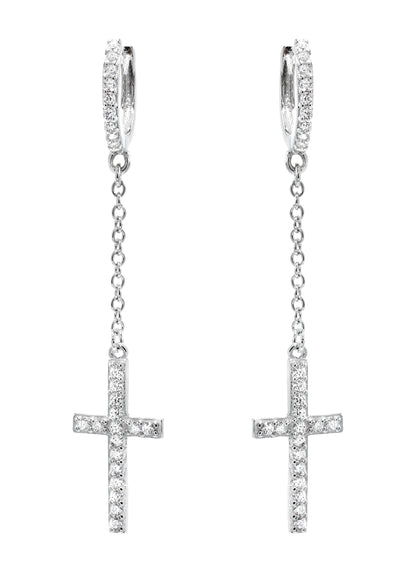 Mens Jewelry - Silver Cross Wire Dangling Iced Out VVS Hoop Earrings for Men | Appx. 2.5 Grams