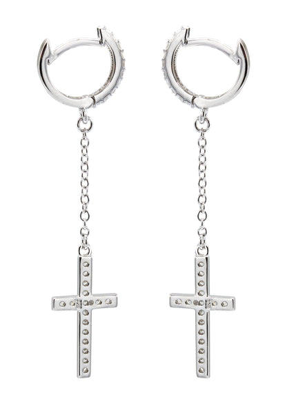Mens Jewelry - Silver Cross Wire Dangling Iced Out VVS Hoop Earrings for Men | Appx. 2.5 Grams