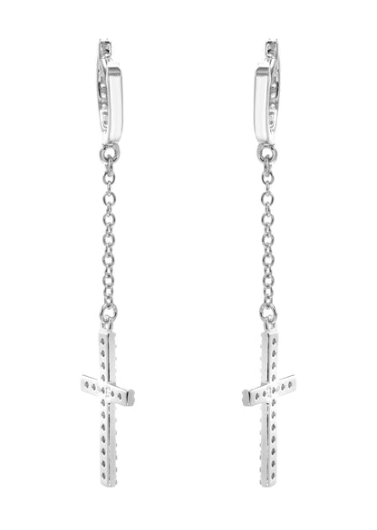 Mens Jewelry - Silver Cross Wire Dangling Iced Out VVS Hoop Earrings for Men | Appx. 2.5 Grams