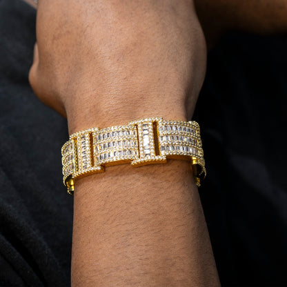 Gold Jewelry -  Mens 14K Gold Iced Out VVS Bar Baguette Presidential Band Bracelet