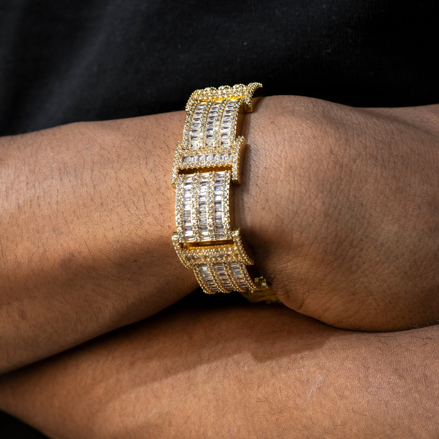 Gold Jewelry -  Mens 14K Gold Iced Out VVS Bar Baguette Presidential Band Bracelet