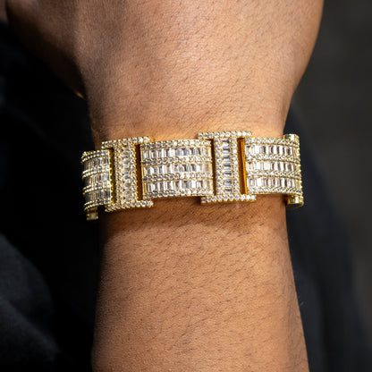 Gold Jewelry -  Mens 14K Gold Iced Out VVS Bar Baguette Presidential Band Bracelet