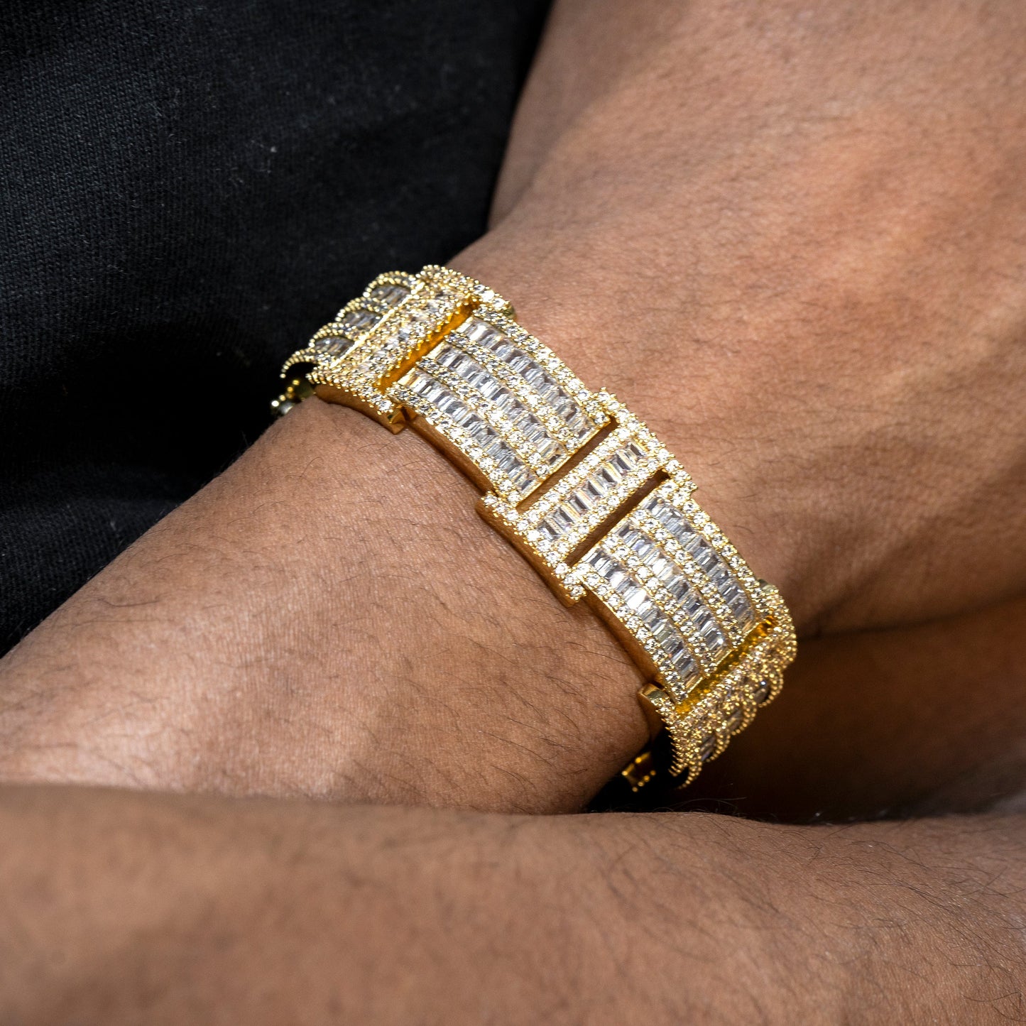 Gold Jewelry -  Mens 14K Gold Iced Out VVS Bar Baguette Presidential Band Bracelet