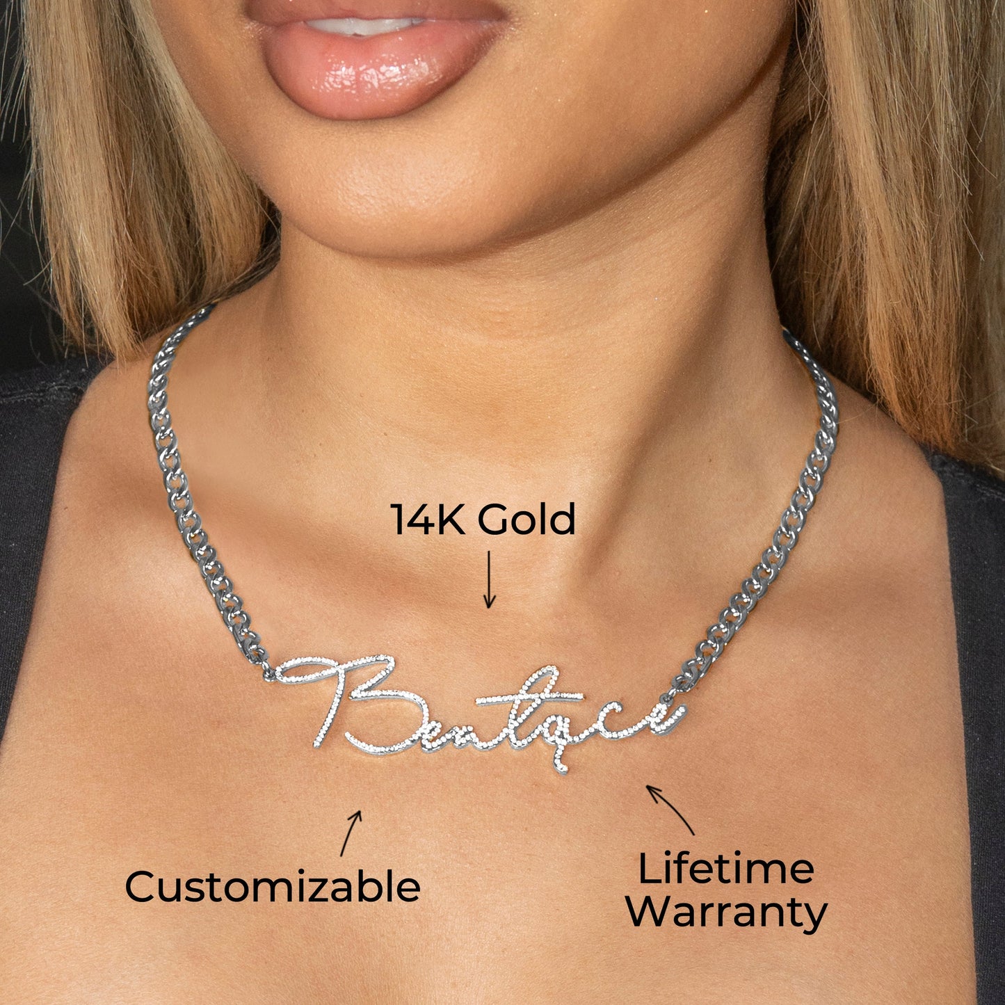 Women Jewelry - White Gold Iced Out VVS Name Necklace | Style # N39