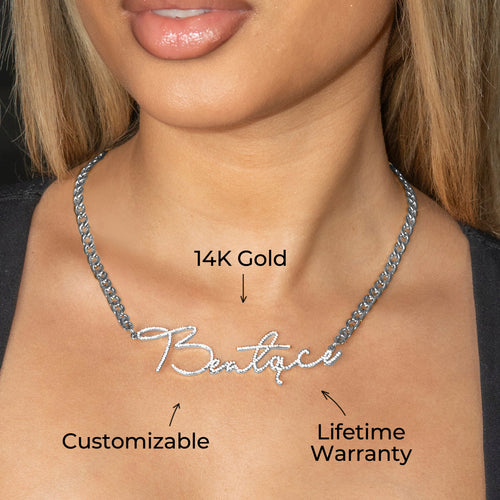 Women Jewelry - White Gold Iced Out VVS Name Necklace | Style # N39