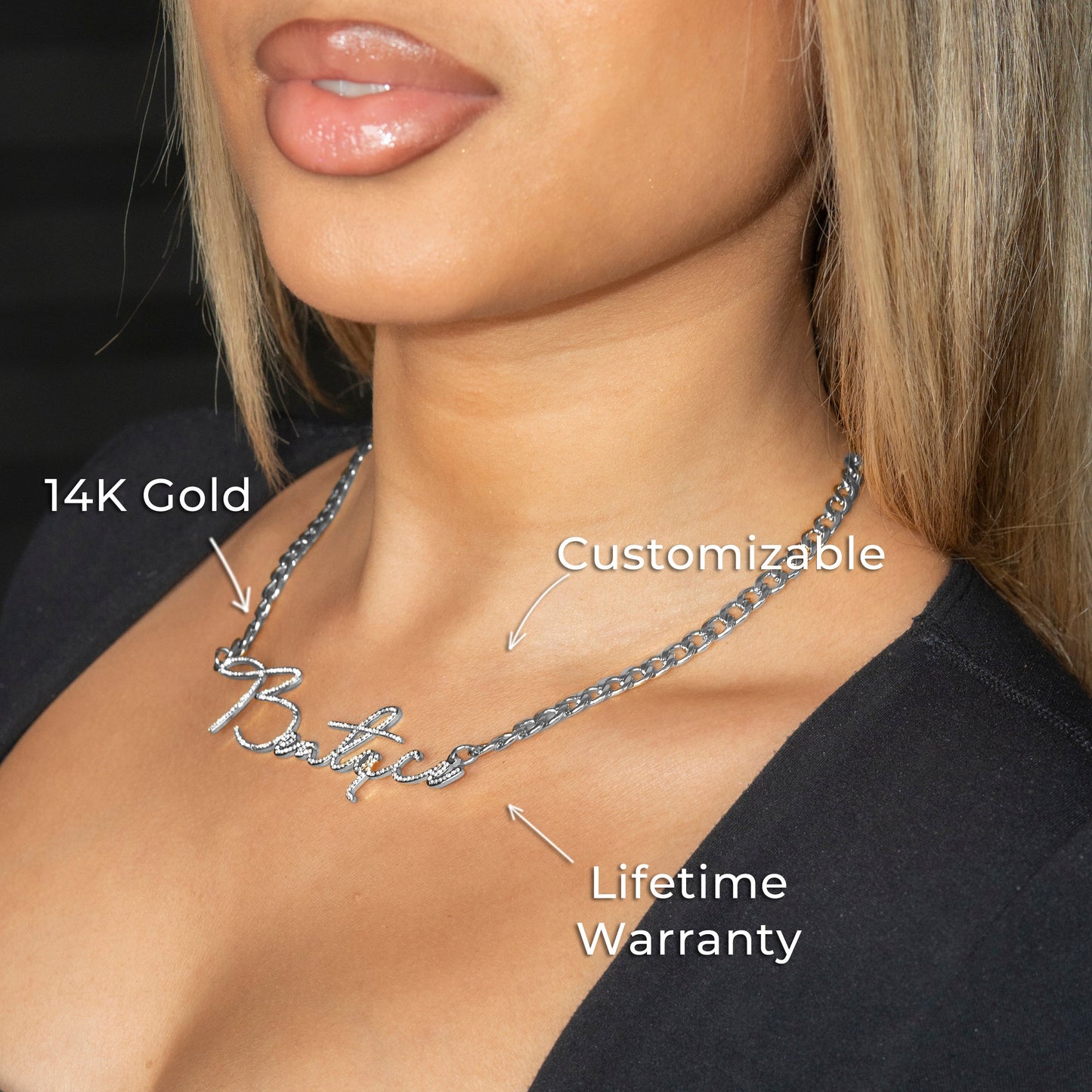 Women Jewelry - White Gold Iced Out VVS Name Necklace | Style # N39