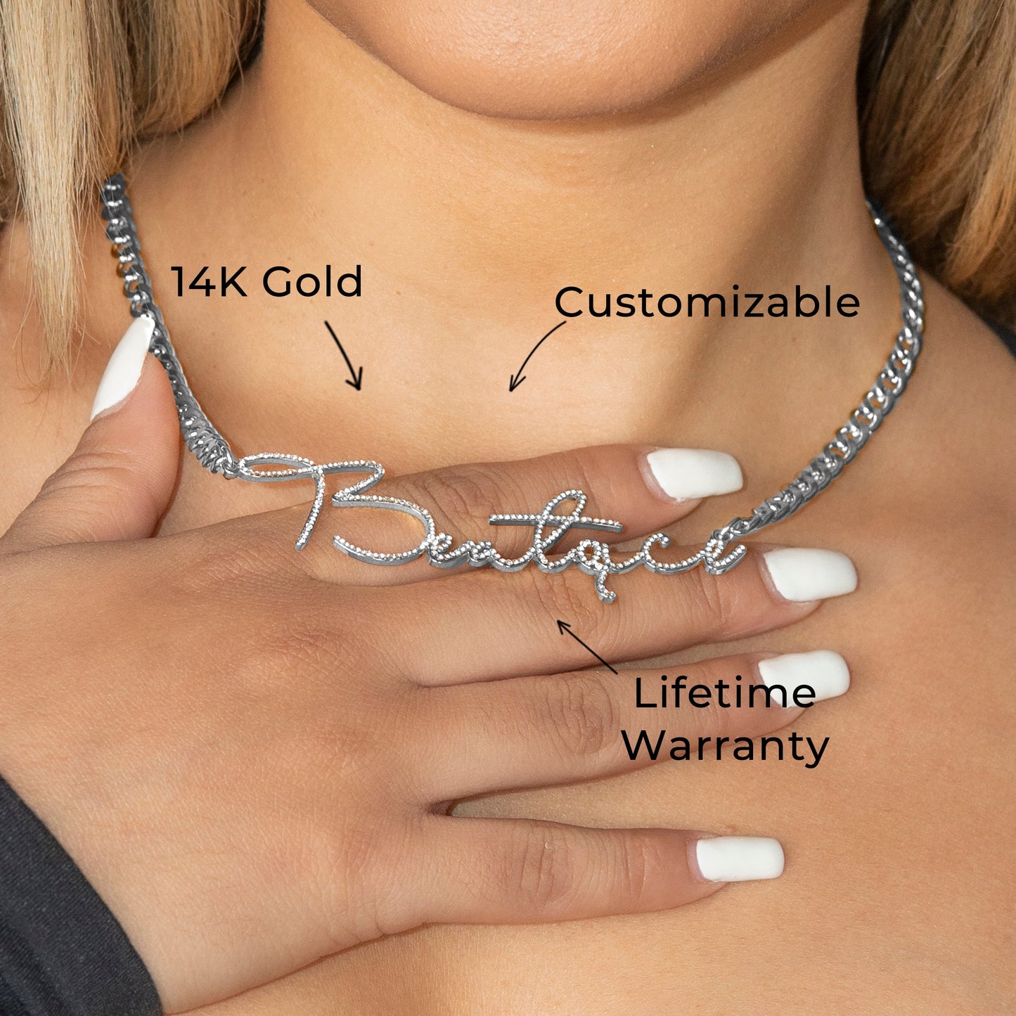 Women Jewelry - White Gold Iced Out VVS Name Necklace | Style # N39