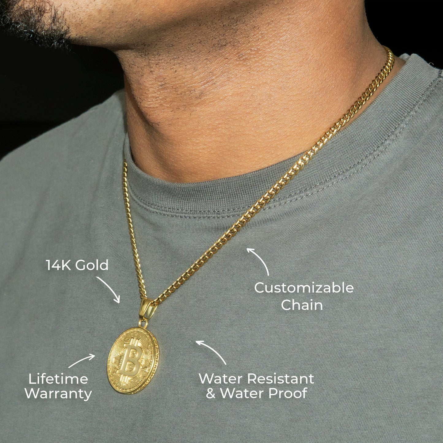 Mens Jewelry - 14K Gold Bitcoin Necklace | Appx. 17 Grams