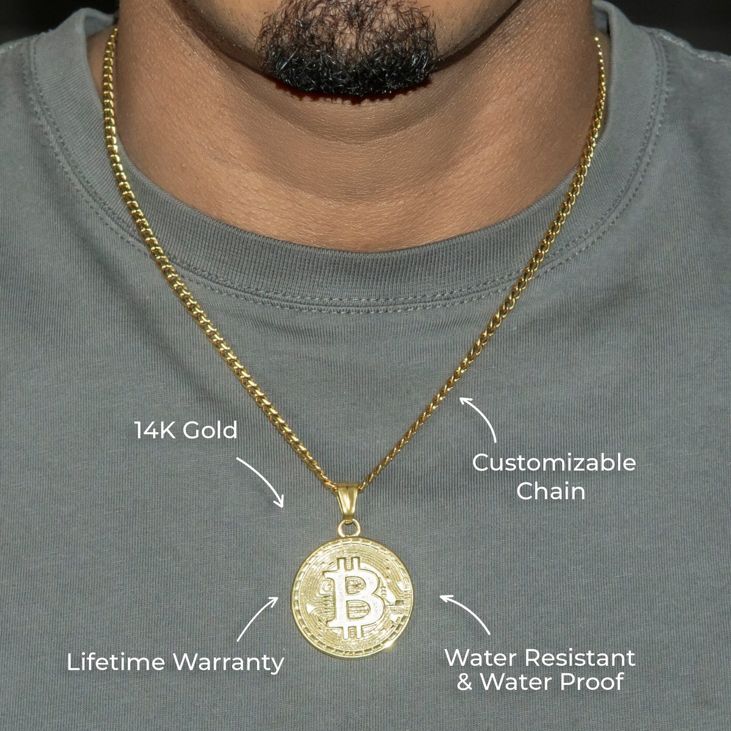Mens Jewelry - 14K Gold Bitcoin Necklace | Appx. 17 Grams