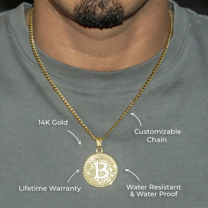 Mens Jewelry - 14K Gold Bitcoin Necklace | Appx. 17 Grams