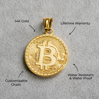 Mens Jewelry - 14K Gold Bitcoin Necklace | Appx. 17 Grams