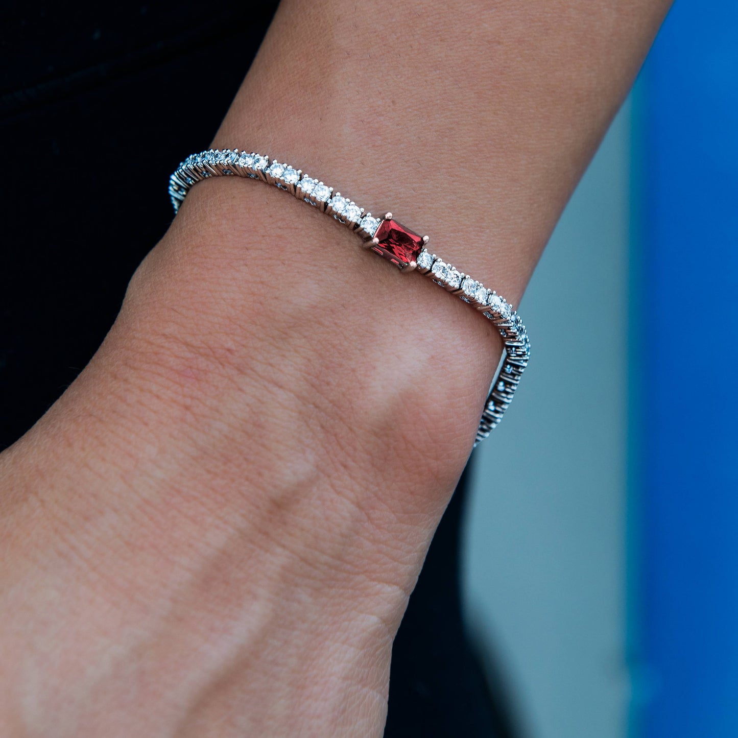 Colored Iced Rock Diamond Tennis Bracelet in White Gold