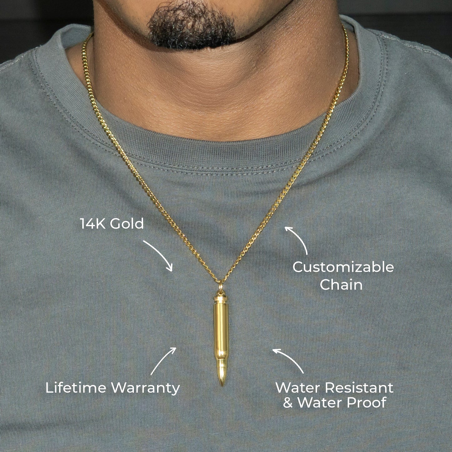 Mens Jewelry - 14K Gold Bullet Necklace | Appx. 7.6 Grams