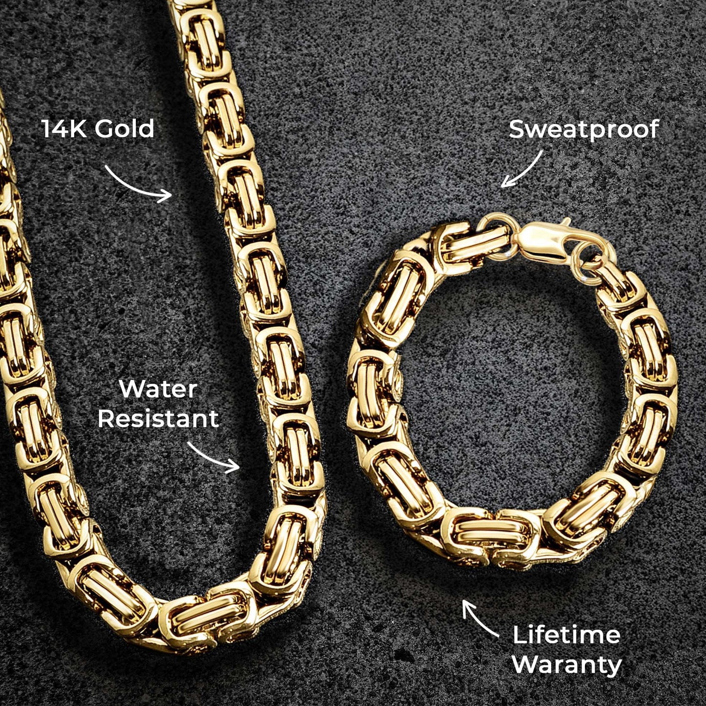 Mens Jewelry - Mens 14K Gold Byzantine Chain & Bracelet